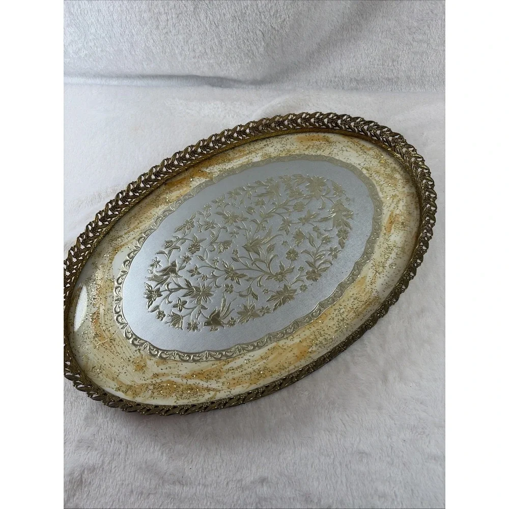 VTG 60s MCM HOLLYWOOD REGENCY GLASS & BIRD FLORAL FILIGREE ORMOLU VANITY TRAY